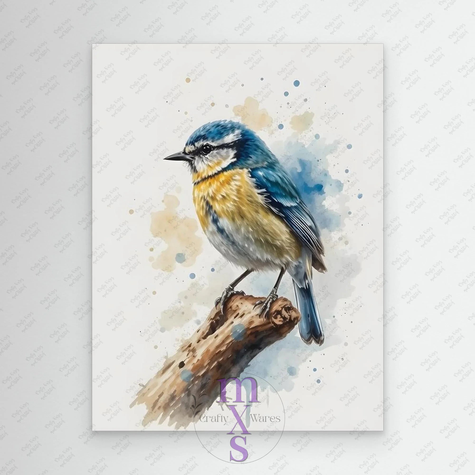 Watercolor painting of a bird on a branch with a textured white background