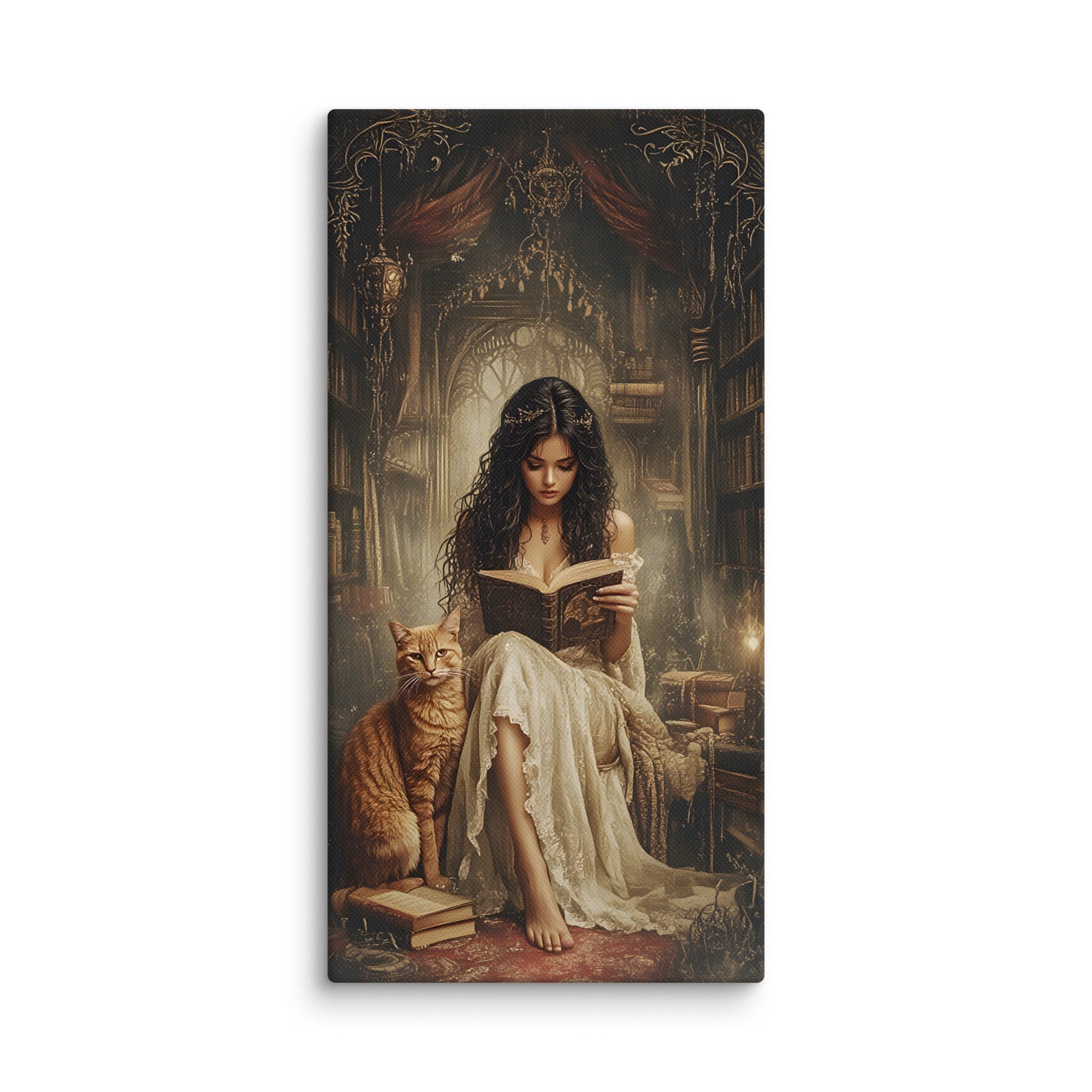 Woman reading a book with a cat in an ornate room.  Discover enchantment with this evocative canvas art featuring a mystical librarian surrounded by ancient tomes and her cherished cat companion. Rendered in rich, fade-resistant hues, the piece captures candlelit shadows, weathered books, and arcane wonder—perfect for literary enthusiasts and gothic aesthetics alike. This atmospheric artwork transports your space into a sanctuary of secrets and stories, where every glance invites you deeper into forgotten 