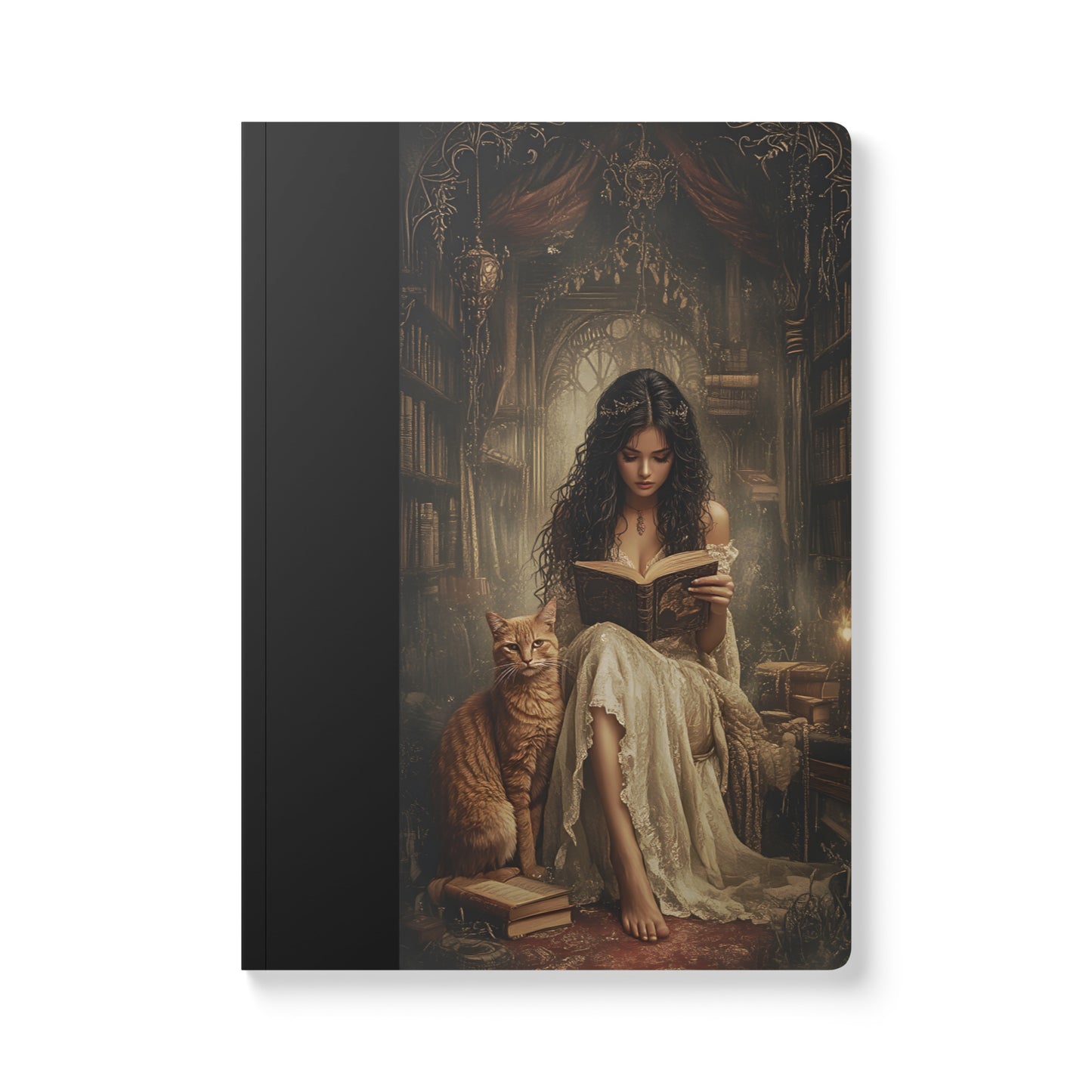 Notebook with a cover featuring a woman reading a book with a cat in an ornate room.  Settle into a cosy corner of an ancient library with this mystical softcover journal—your perfect companion for recording spells, incantations, and arcane wisdom. Featuring a luxurious satin finish and gentle rounded corners, this grimoire-inspired notebook comes in your choice of 100 or 200 perforated pages of premium 120 g/m² paper. At 5.75" × 8", it's compact enough to tuck into your bag for on-the-go magical musings. 