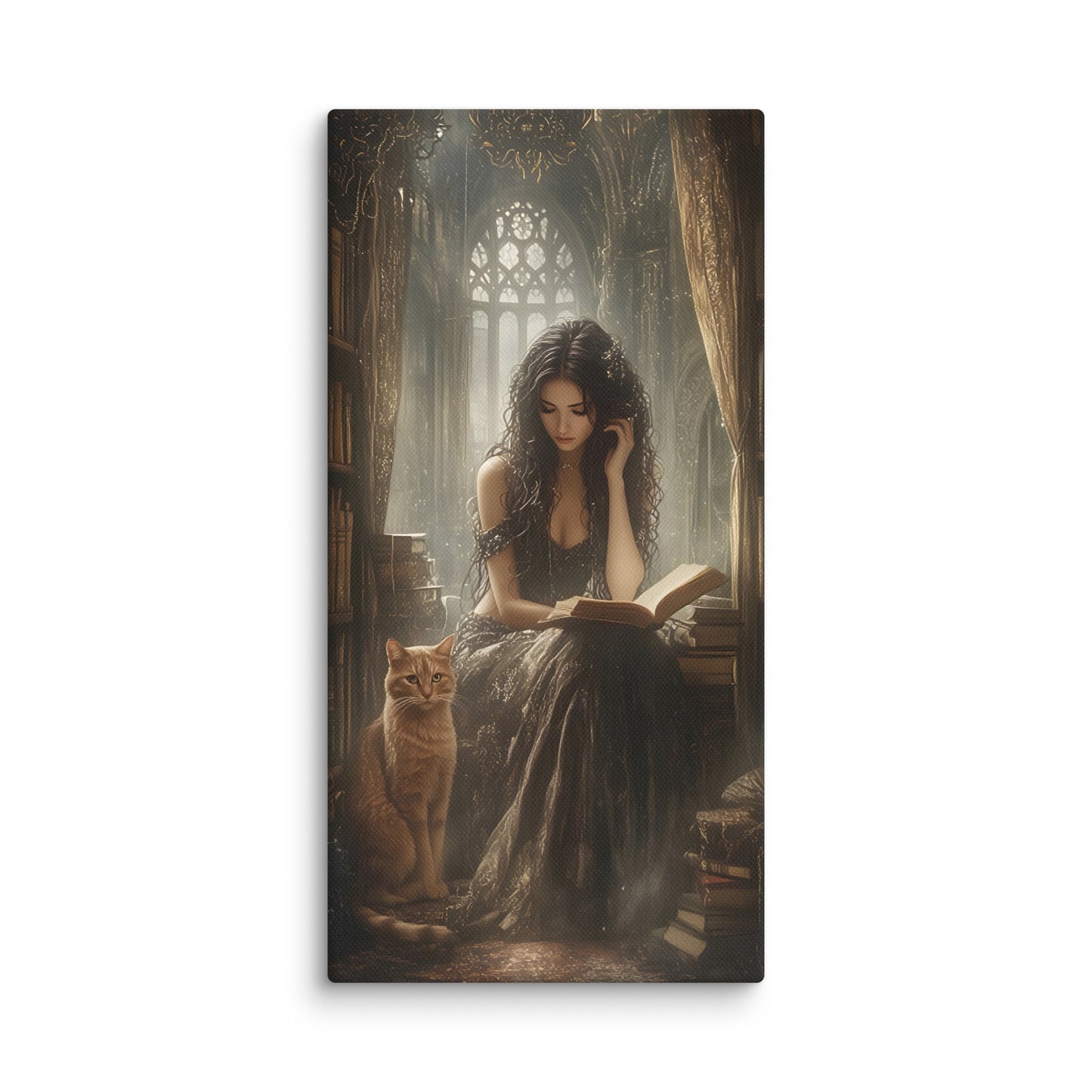 Witch reading a book with her cat familiar, in a gothic-style room.  Discover the perfect blend of witchcraft and companionship in this captivating canvas art featuring a witch absorbed in ancient texts, her loyal cat familiar curled nearby in a moody gothic chamber. Candlelit alcoves, weathered shelves laden with spell books, and shadowed stone architecture create an atmosphere brimming with mystical knowledge and quiet magic. Every detail—from the cat's watchful gaze to the flickering ambience