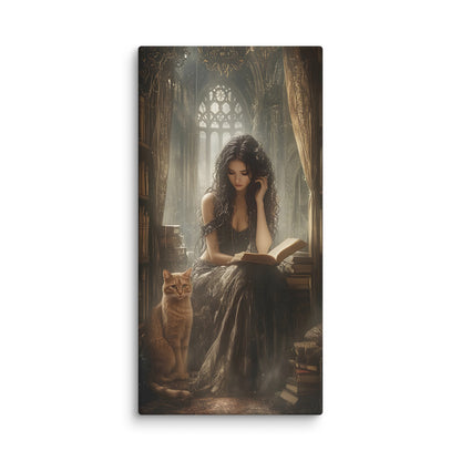 Witch reading a book with her cat familiar, in a gothic-style room.  Discover the perfect blend of witchcraft and companionship in this captivating canvas art featuring a witch absorbed in ancient texts, her loyal cat familiar curled nearby in a moody gothic chamber. Candlelit alcoves, weathered shelves laden with spell books, and shadowed stone architecture create an atmosphere brimming with mystical knowledge and quiet magic. Every detail—from the cat's watchful gaze to the flickering ambience