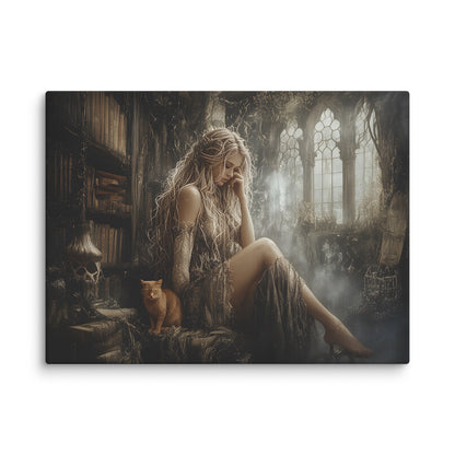 Woman in a fantasy setting with a cat, surrounded by books and mystical elements.  Step into a timeless tale with this captivating canvas print depicting a wise witch nestled in her ancient library, her faithful feline companion by her side. Rich, fade-resistant colors bring dusty tomes, flickering candlelight, and arcane mysteries to life on your walls. Perfect for those who cherish gothic romance and literary magic, this artwork transforms your space into a cozy corner of enchantment where secrets whisper
