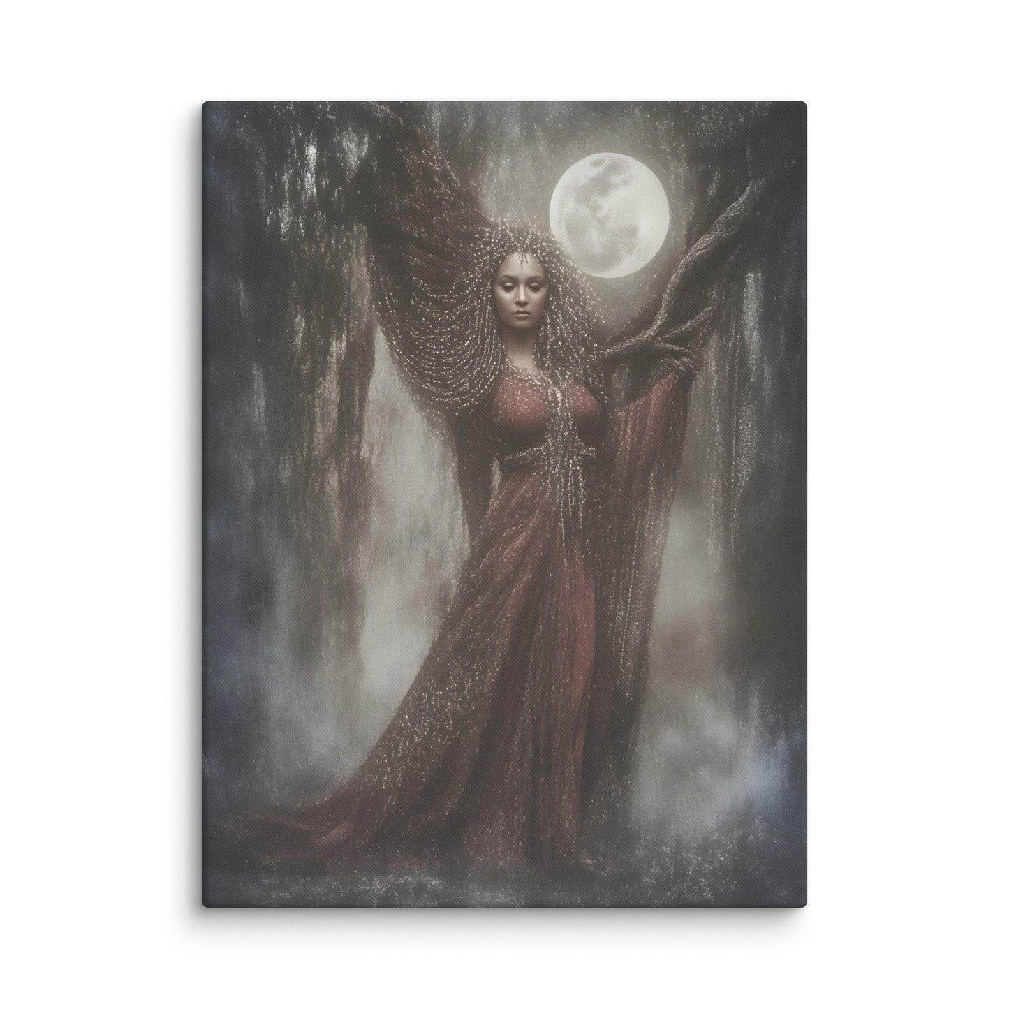 Framed artwork of a woman in a red dress with a full moon and trees in the background.  Embrace the nocturnal magic of this hauntingly beautiful canvas print, where a solitary witch moves through an ancient forest beneath a luminous full moon. Silvery moonlight and deep forest shadows dance across fade-resistant colors, creating an atmosphere thick with mystery and enchantment. Ideal for those drawn to witchcraft, lunar cycles, and wild nature, this artwork transforms your walls into a gateway to midnight 