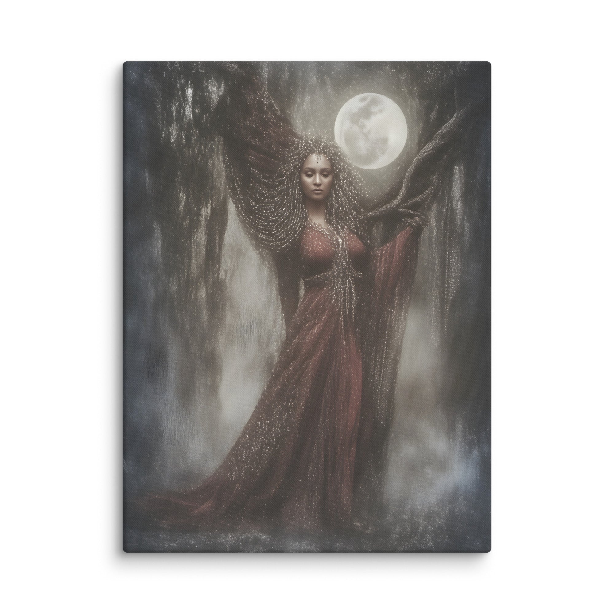 Framed artwork of a woman in a red dress with a full moon and trees in the background.  Embrace the nocturnal magic of this hauntingly beautiful canvas print, where a solitary witch moves through an ancient forest beneath a luminous full moon. Silvery moonlight and deep forest shadows dance across fade-resistant colors, creating an atmosphere thick with mystery and enchantment. Ideal for those drawn to witchcraft, lunar cycles, and wild nature, this artwork transforms your walls into a gateway to midnight 